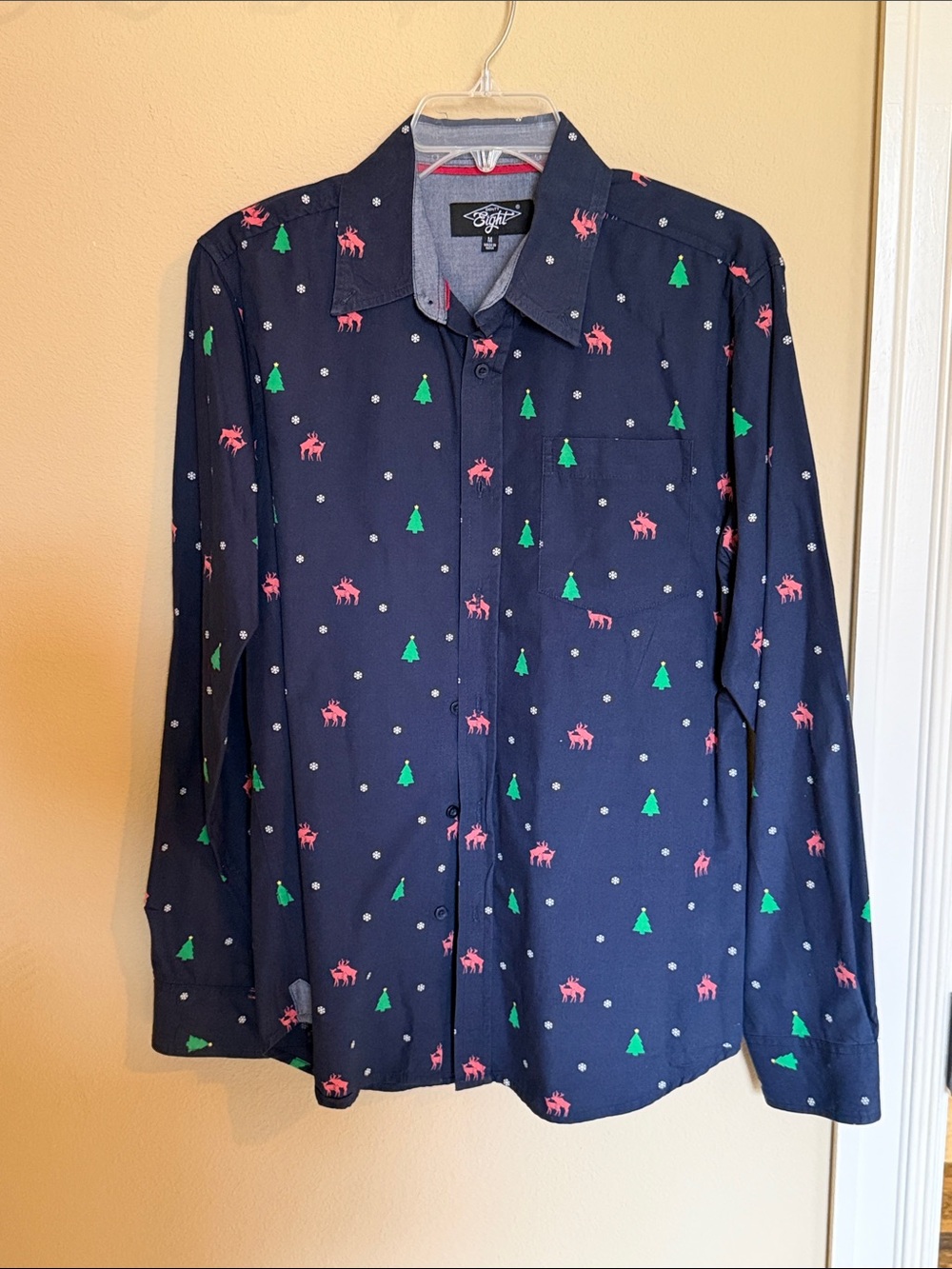 Eighty Eight Navy Button-Up Shirt with Green Trees and Pink Reindeer